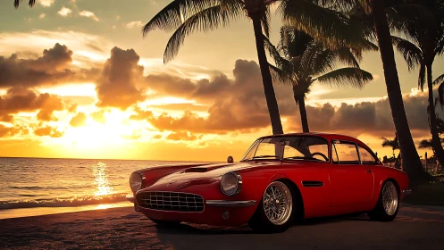 Red vintage coupe is parked beside palm trees at sunset