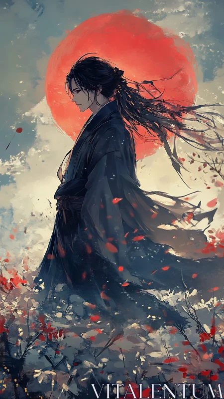 Silent wanderer beneath a blazing crimson sun.