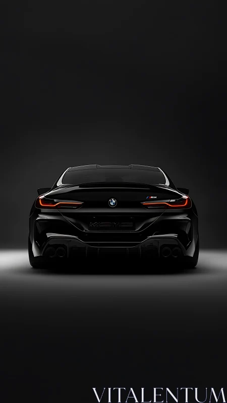 Rear view of black BMW sports coupe on dark background.