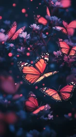 Monarch butterflies among flowers in low light environment.