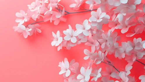 Pink Blossom Branches Against Red Gradient Background.