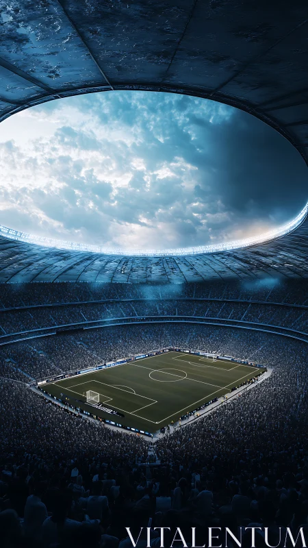 Vast night stadium encircles luminous football pitch below.