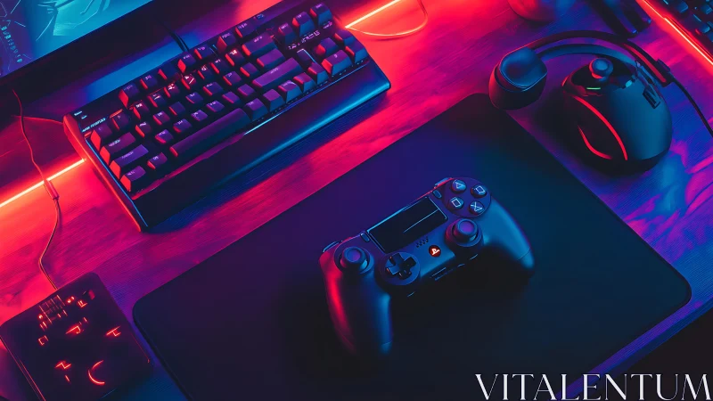 Neon-lit gaming controller rests in a vibrant RGB battlestation