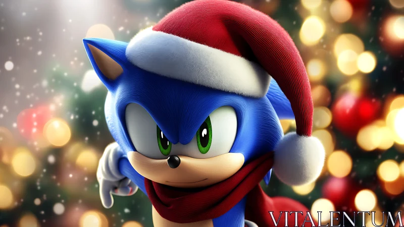 3D stylized blue hedgehog in Santa attire, festive bokeh backdrop