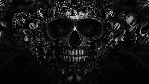 Baroque black skull formed from swirling organic tendrils.