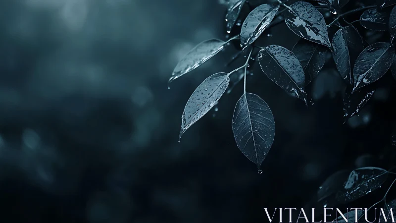 Low key macro foliage with specular raindrop highlights.