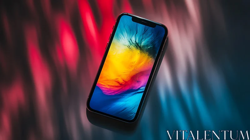 Prismatic smartphone afloat in neon tides of color and light.