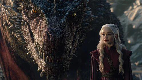 Woman in red robe stands beside large dragon companion.