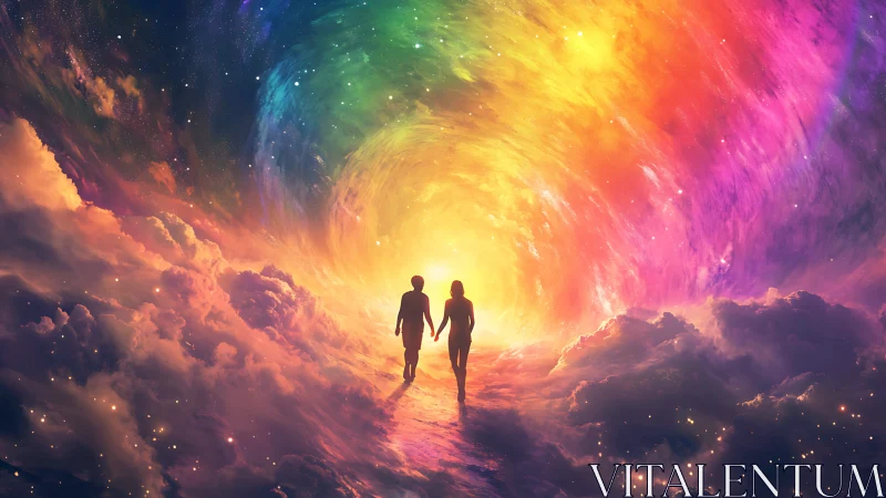 Silhouetted couple walks into luminous rainbow vortex in clouds