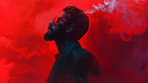 Man in profile exhales smoke into intense red background