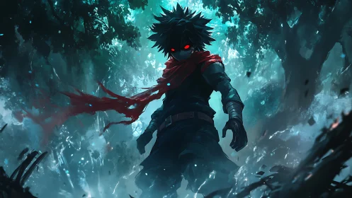 Nocturnal forest revenant with red-luminescent ocular flare.