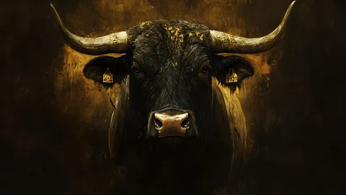 Front-facing horned bull portrait on dark ochre ground.