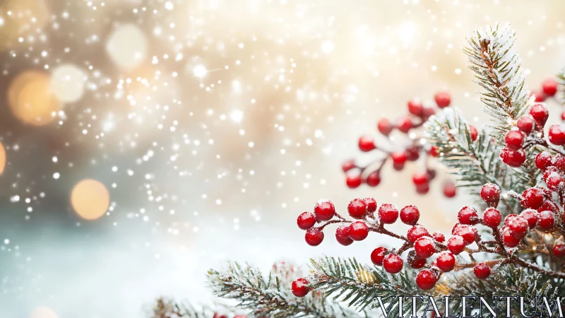 Snow-kissed red berries glow softly in a gentle winter light