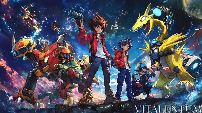 Anime mecha partners in cosmic battle-ready group tableau.