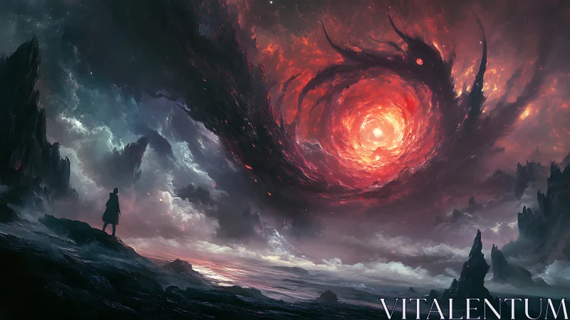 Storm-torn cosmos curls into one blazing crimson eye above