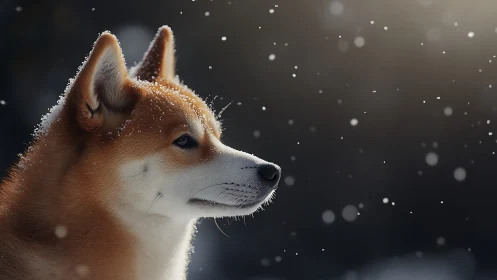 Shiba inu profile under soft falling winter snowlight.