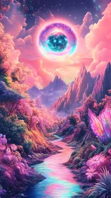 Neon river beneath a cosmic eye sun in pastel dreamland.
