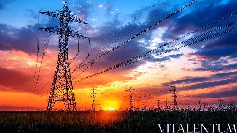High-voltage transmission towers silhouette against spectral sunset sky