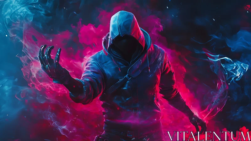 Hooded rogue commands neon smoke in electric void.