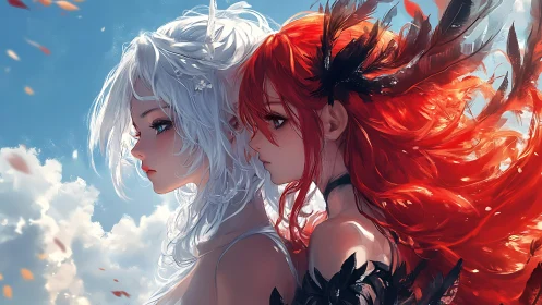 Skybound sisters of flame and frost share a whispered horizon.