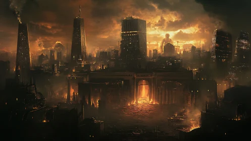Burning dystopian megacity under blazing storm sky.