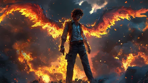 Winged human figure with fire and smoke filled background.
