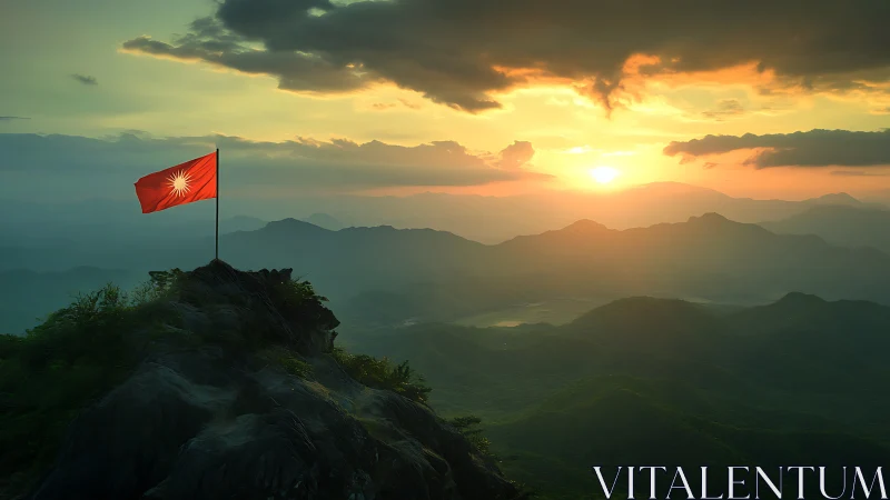 Sunlit mountain flag welcoming a calm new horizon.