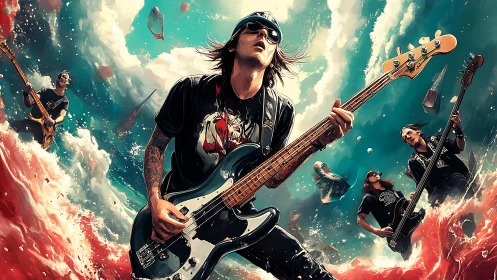 Rock band musicians with guitars in dynamic ocean scene.