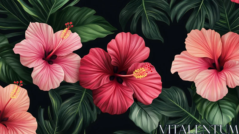 Pink and Red Hibiscus Flowers Against Black Background.
