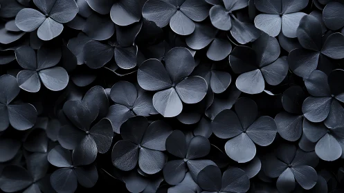 Monochrome close-up shows layered matte black clover leaves