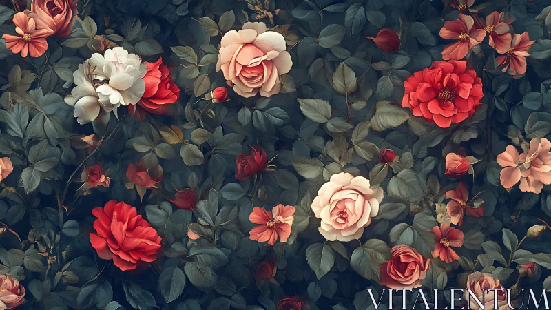 Velvet Garden: Where Crimson Roses Whisper Botanical Dreams.