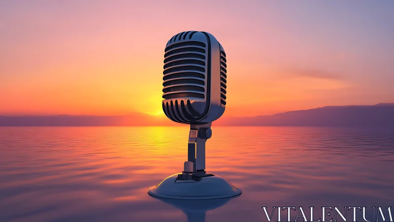 Retro chrome microphone rising over tranquil ocean sunset.