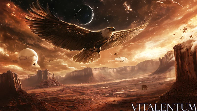 Giant eagle over red alien canyon under ringed planets.