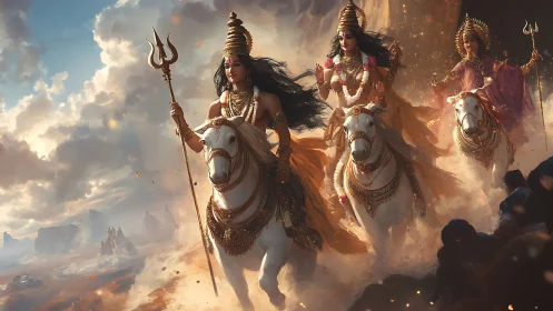 Divine warrior goddesses charging across radiant skies.