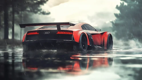 Rain-soaked red Audi prowls a misty forest racetrack dream.