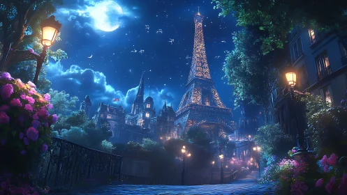 Enchanted Parisian nightscape with glowing Eiffel Tower.
