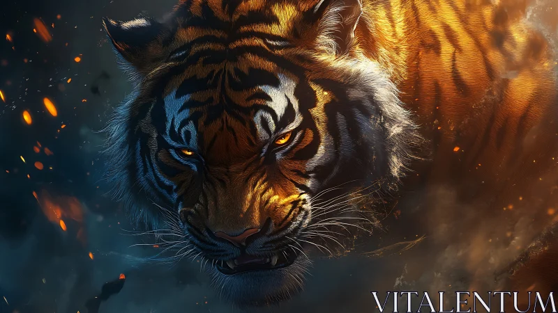 Volumetric-lit tiger head advances through embers and drifting smoke