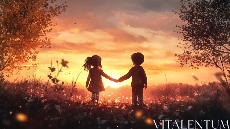 Two Children Holding Hands Against Golden Sunset.