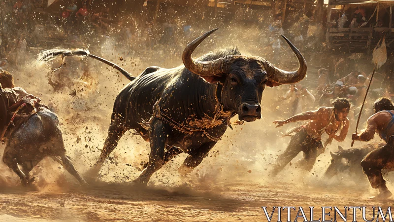 Charging bull in chaotic dusty arena with fleeing men.