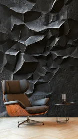 Cozy lounge chair against a bold sculpted charcoal wall.