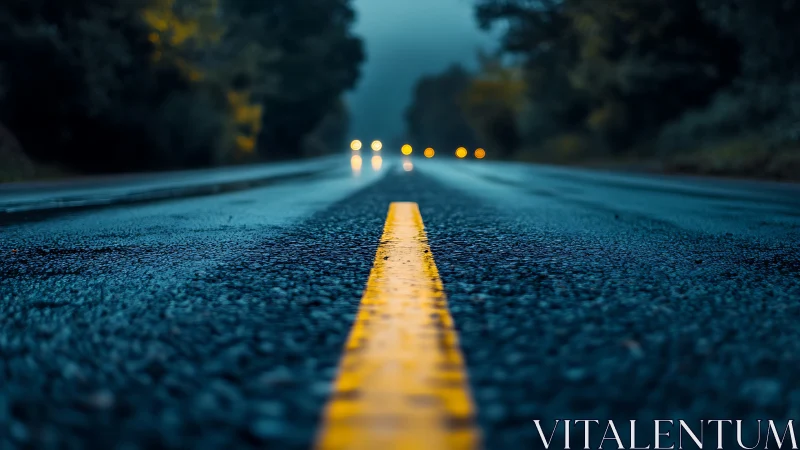 Wet rural road glows under moody twilight headlights ahead