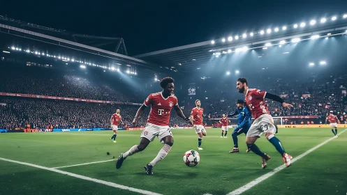 Night stadium football match with players contesting ball.