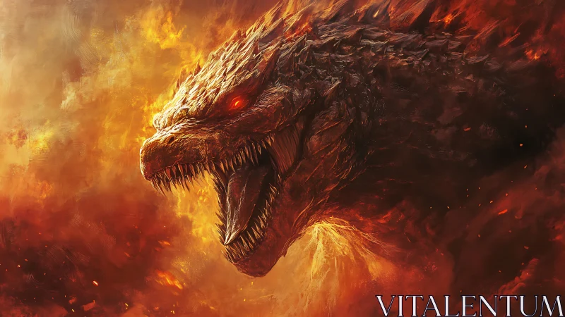 Infernal dragon roaring amid molten firestorm clouds.
