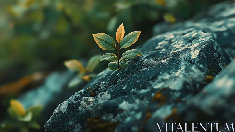 Young Plant Growing from Rock, Nature Macro Photography.