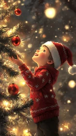 Child admires glowing Christmas tree under warm golden light.