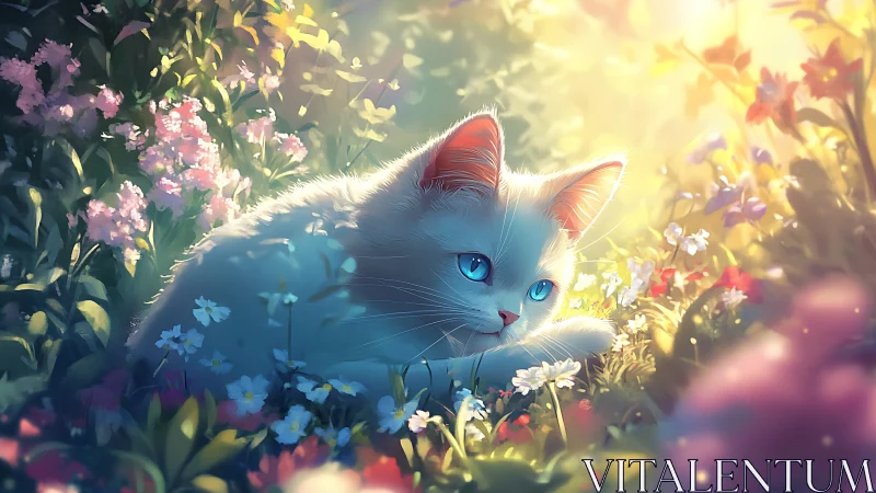 White Feline in Chromatic Floral Ecosystem with Luminous Atmospheric Diffusion.