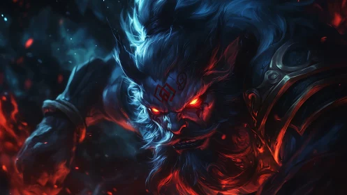 Demon warlord lunges through embered void with molten fury