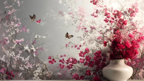 Floral wall mural with delicate pink and crimson flowers releasing butterflies
