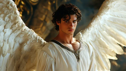 Radiant winged guardian in cinematic golden backlight portrait.