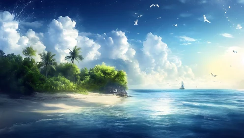Tropical Paradise Island Awaits Under Brilliant Blue Skies
